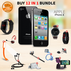 High-Class 12 In 1 Bundle Offer, Apple iPhone 4 16GB, Universal Rotating Phone Plate Holder, Portable USB LED Lamp, Zipper Stereo Wired Earphones, Ring Holder, Headphone, Mobile holder, Macra watch, Yazol watch, Selfie stick, Mp3 player, Led band watch